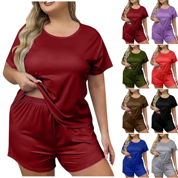 Feancey 2 Piece Shorts Sets for Women Buttery Soft Plus Size Pajamas Set Short Sleeve Crew Neck Tee and Short Pants Lounge Outfits Red 3XL