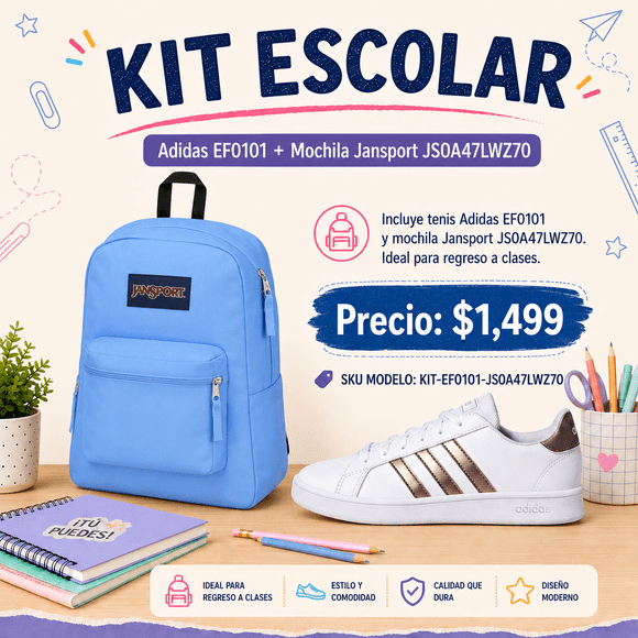 Kit Escolar Adidas EF0101 + Mochila Jansport Cross Town Azul JS0A47LWZ70