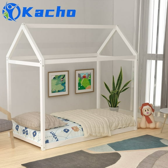 Kacho Twin House Floor Bed Frame, Wooden Canopy Frame with Roof, Montessori Bed, Floor Bed with Wood Slat, Twin Bed Frame for Bedroom, No Box Spring Required, White