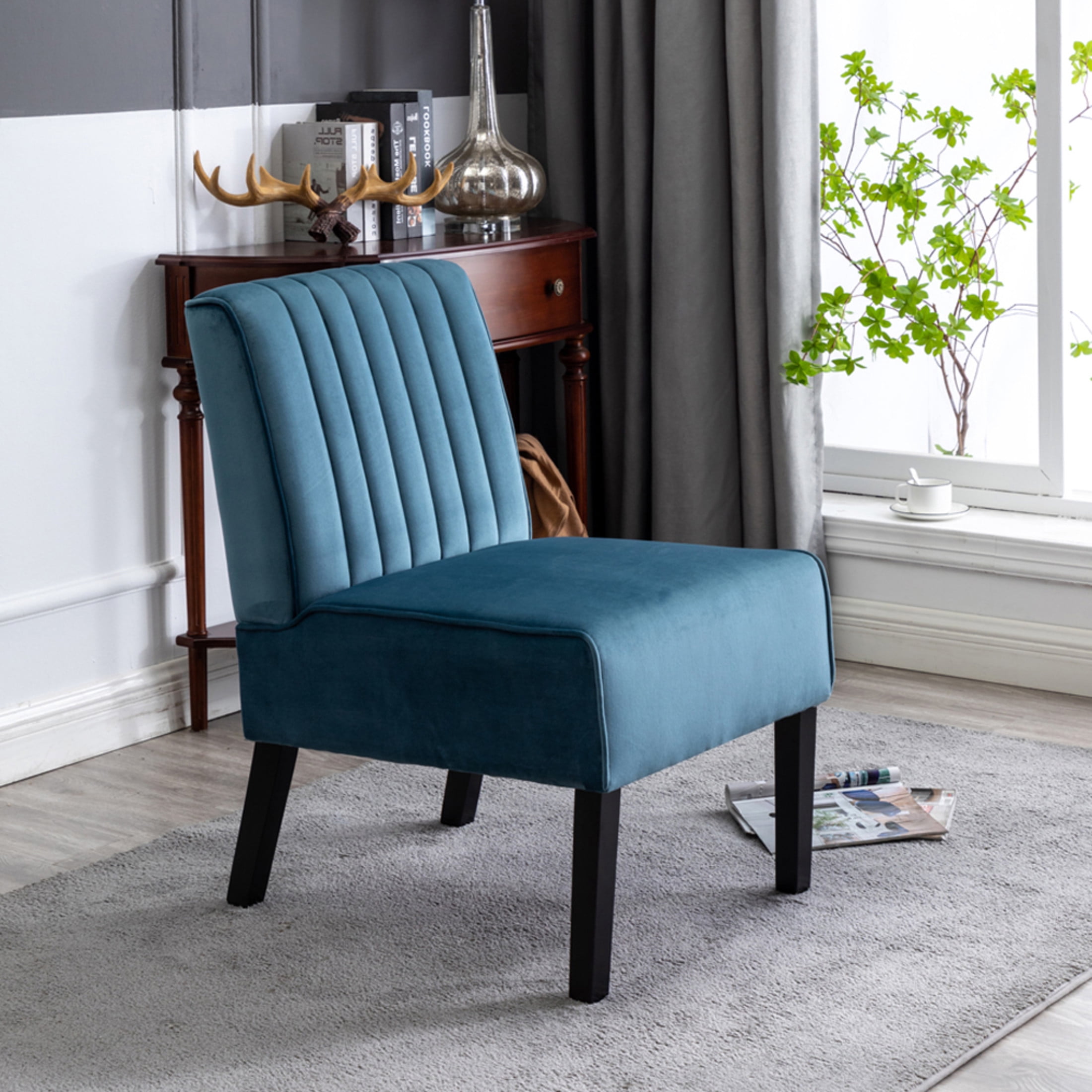 GDF Studio 29.5" Mid-Century Modern Accent Chairs Set of 2 with Channel Tufted Velvet Upholstery, Blue