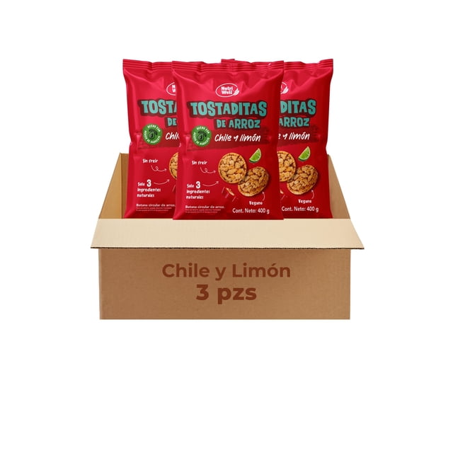 Nutriwell Tostaditas de Arroz Sabor Chile y Limón – Snack Saludable sin Gluten, sin Freír y Vegano – Botana Crujiente (Pack con 3 Bolsas)