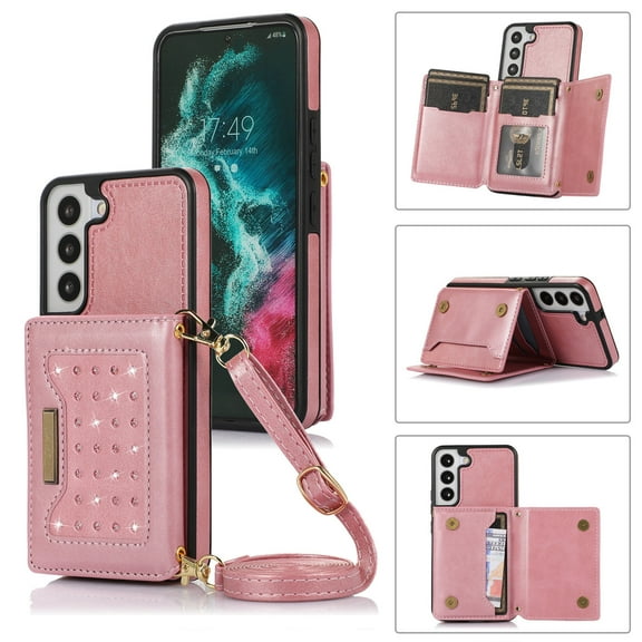 Tarise Galaxy S21 FE Wallet Case Cover for Women Men, Glitter PU Leather Crossbody/Shoulder Strap RFID Blocking Kickstand Magnetic Clasp Phone Case for Samsung Galaxy S21 FE 5G 6.4 inch 2022, Pink