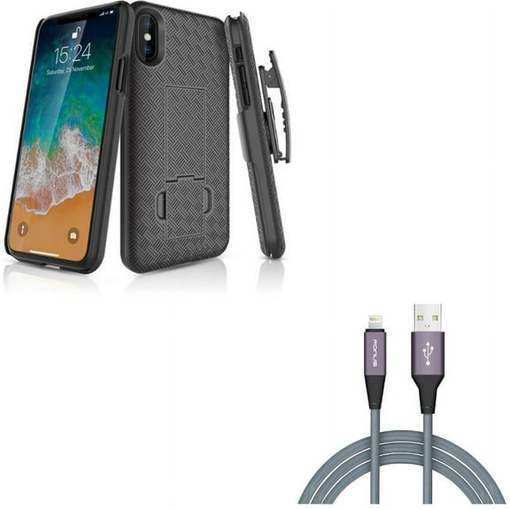 Case Belt Clip w 6ft USB Cable for iPhone XS/X - Holster Swivel Cover Kickstand Armor, Charger Cord Power Wire Braided Long for iPhone XS/X