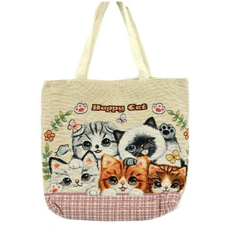 Kitten Cat Purse - Happy Cat Cute Kittens Oversized Large Canvas Tote Bag Purse -