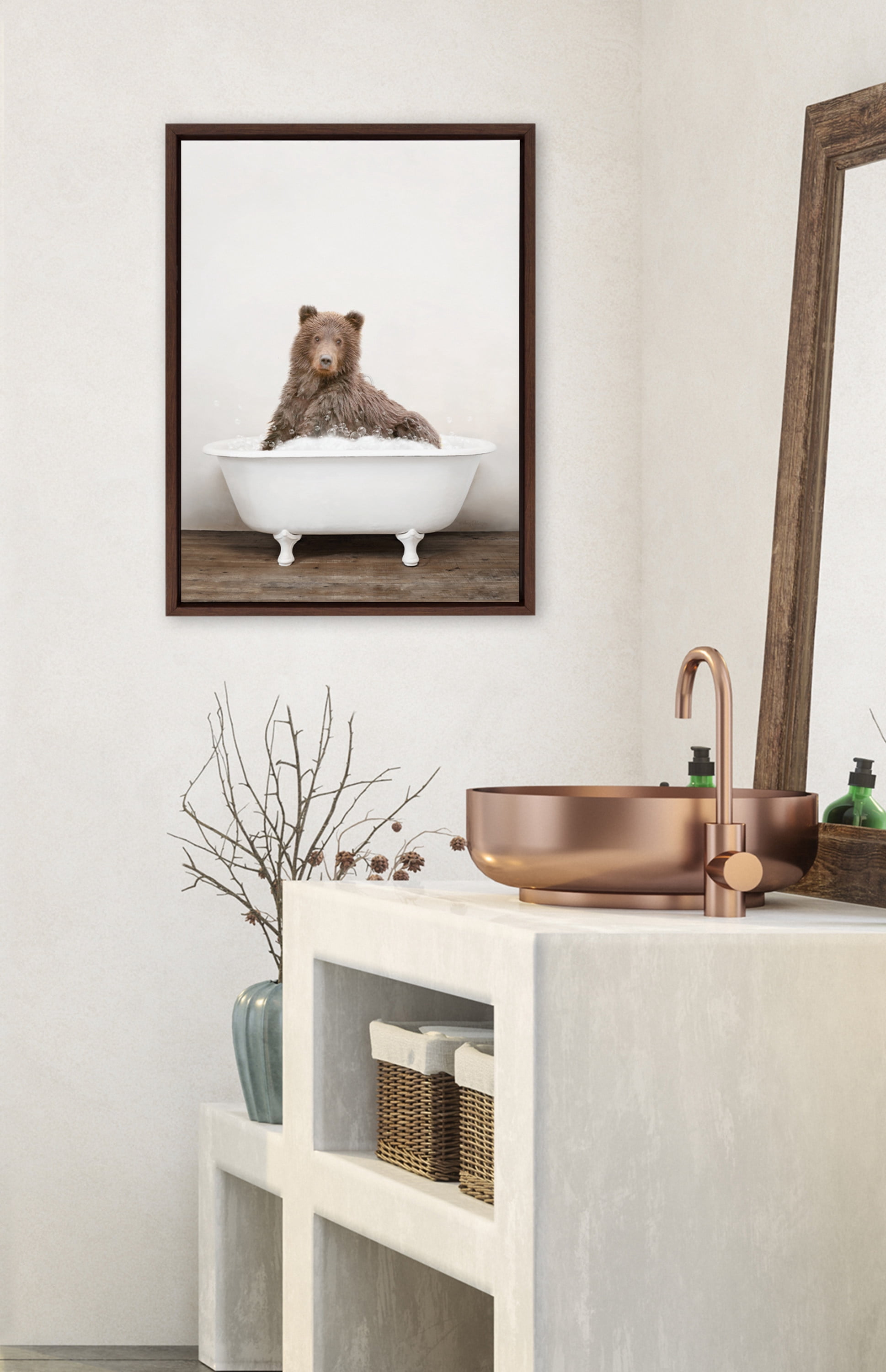 Kate and Laurel Sylvie Bear Rustic Bubble Bath Framed Canvas Wall Art by Amy Peterson Art Studio, 18x24 Brown, Modern Fun Decorative Bathtub Wall Art for Home Décor