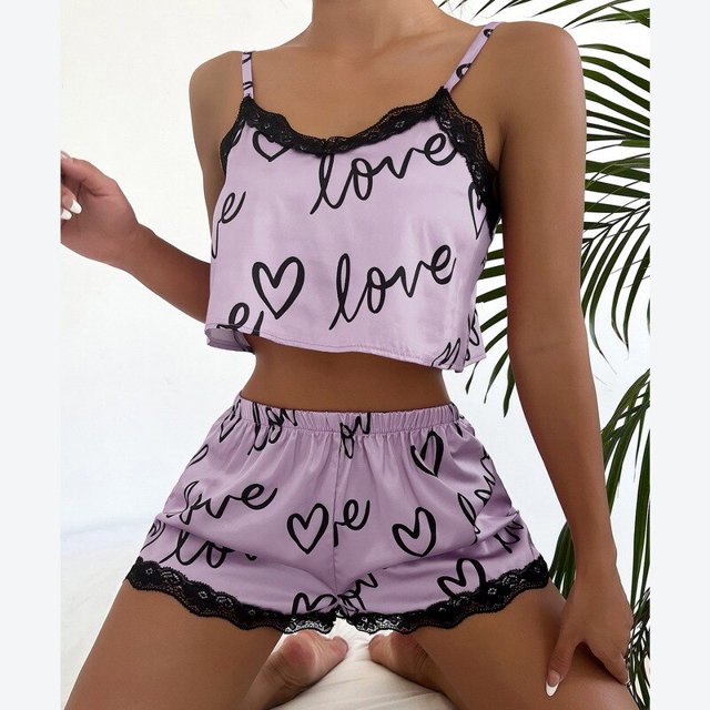 Camisón corto con estampado de corazón para mujer, ropa de dormir de satén sin mangas, Sexy, tirantes finos, Verano