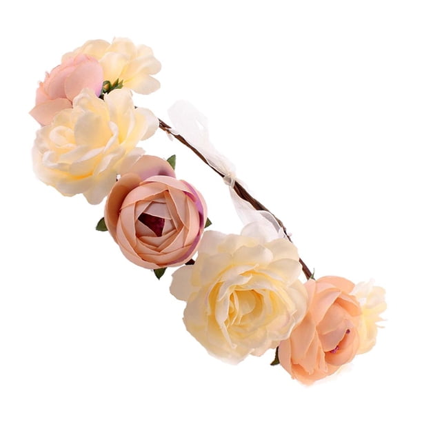 Corona de flores para el cabello, diadema para festival, banda para el cabello para la frente, varios diseños Amarillo rosa
