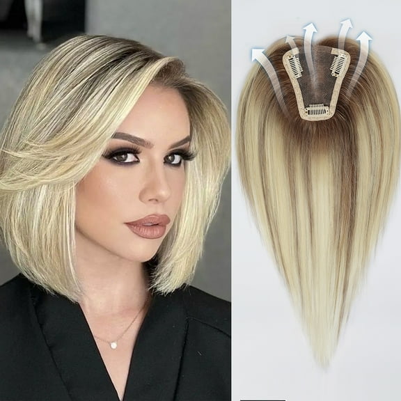 100% Human Hair Toppers Lase Base Clips in Hair 12inch Straight Blonde Human Hairpieces Dark Root Hair Extensions for Women
