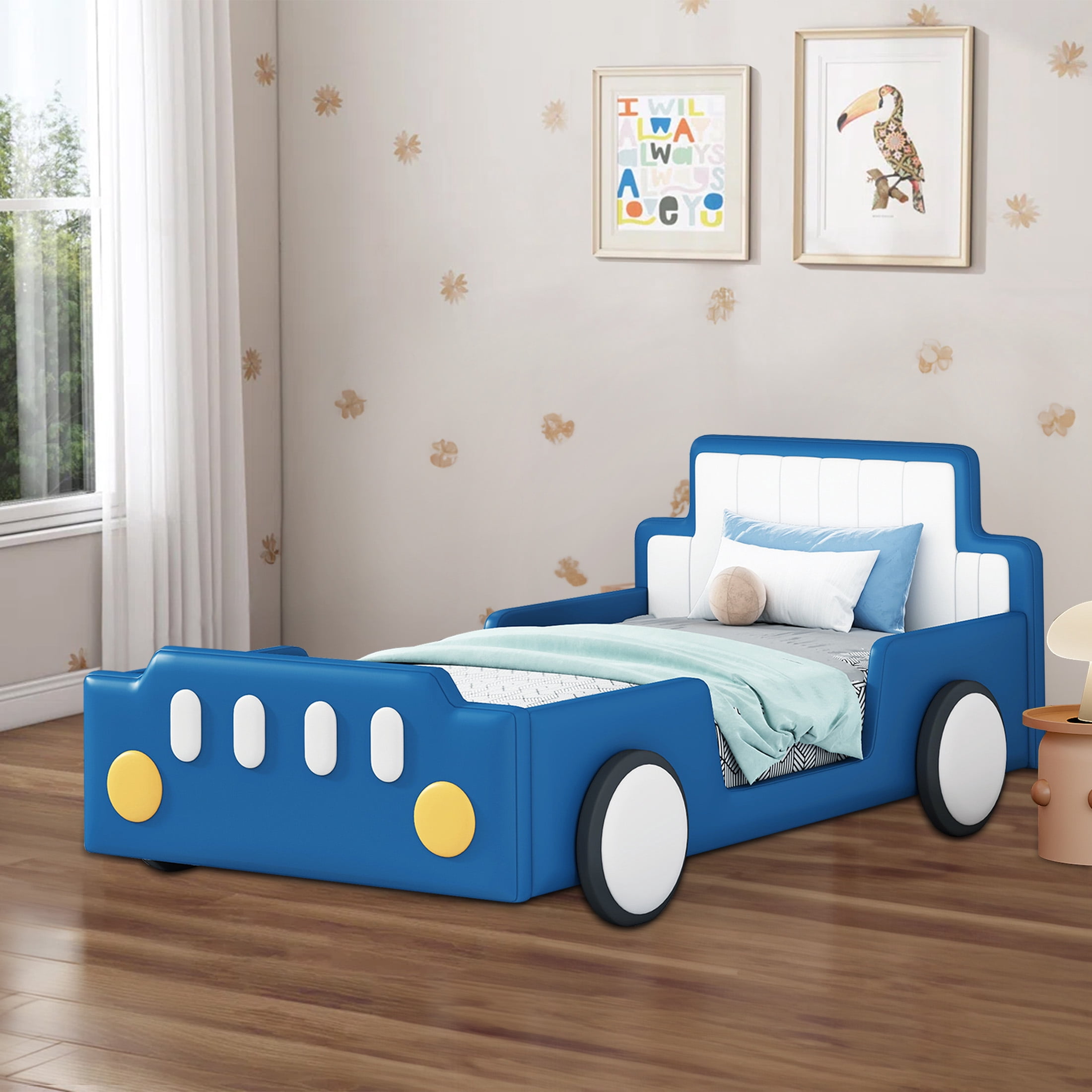 Aukfa Twin Size Race Car Platform Bed with Wheels, Kids Car Bed Frame with PU Leather Headboard and Footboard for Boys/Girls, Blue