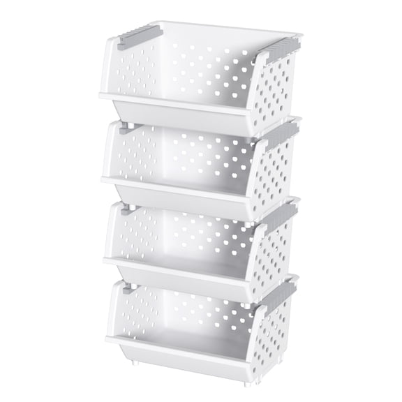 Melontray 4 Pack Plastic Stacking Basket Organizer, Large Kitchen Open Front Stacking Storage Bins, White