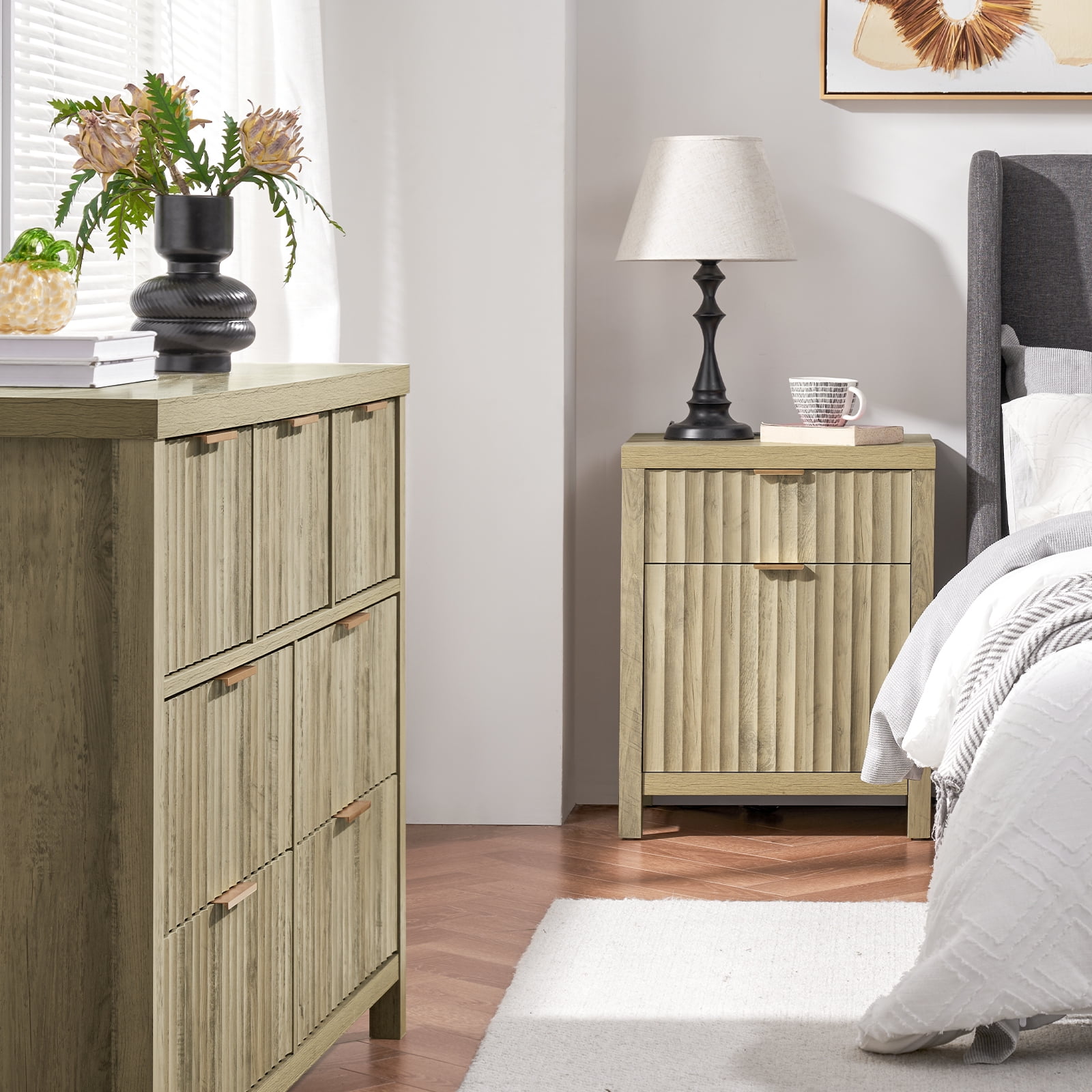 OAKHAM 7 Drawer Dresser, Fluted Wide Chest of Drawers for Bedroom Living Room, Sunwashed Ash Oak