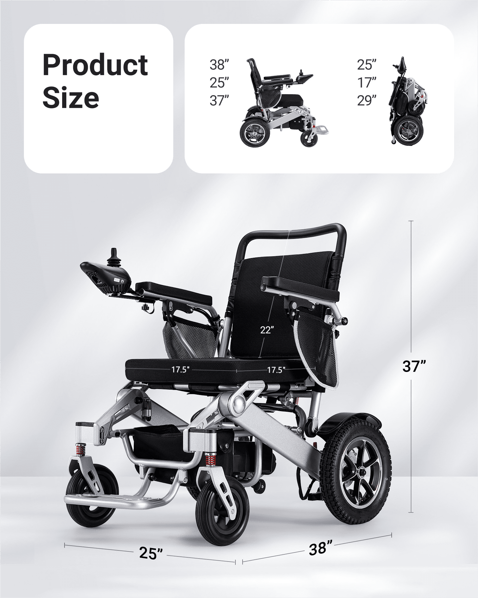 Morrean Electric Wheelchairs for Adults Seniors,Foldable Motorized Wheelchair,All Terrain,Up to 300lbs,500W Motors,25 Miles Range,Black Silver
