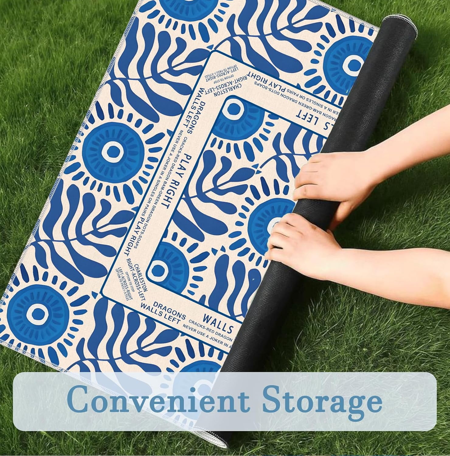 Boho Blue Mahjong Mat 31.5x31.5 Inch, Mediterranean Tiles Non-Slip and Noise Reduction Mah Jong Table Mat Cover Gifts for Mahjong Lovers Poker Board Games Dominoes
