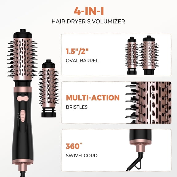 3 in 1 Rotating Hair Dryer Brush with Ionic Technology and Detachable Brushes for All Hair Types