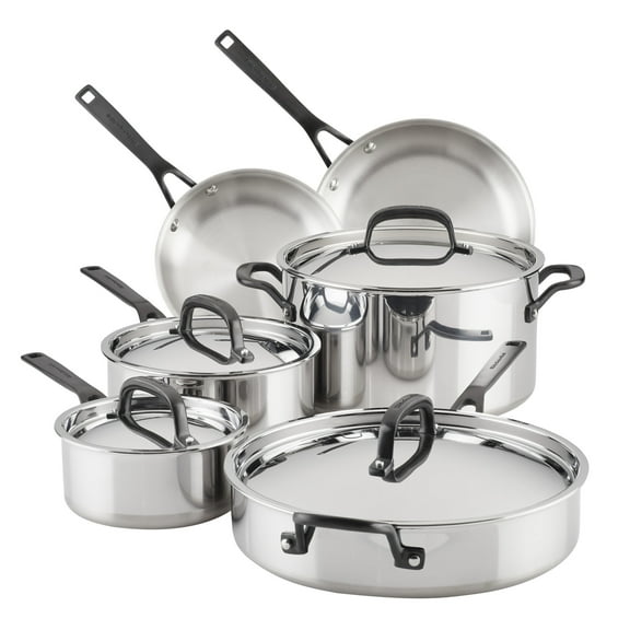 KitchenAid 5-Ply Clad 10 Pcs Stainless Steel Cookware Induction Pots and Pans Set, Dishwasher Safe, Metal Utensil, Broiler and Oven Safe to 500°F, Polished Stainless Steel