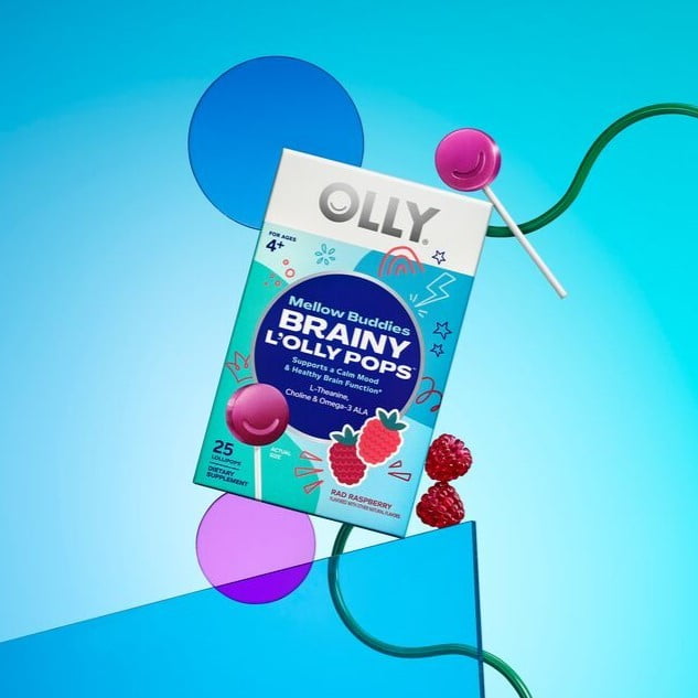 Olly Mellow Buddies Brainy L’OLLY Pops, Kids 4+, L-theanine, Choline, Omega-3, Raspberry Flavored Lollipops, 25 Ct