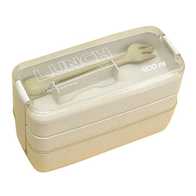 Caja De Almuerzo Fiambreras reutilizables de 3 capas con tenedor y cuchara de paja de trigo de 900 ml (Beige) Tmvgtek Libre de BPA