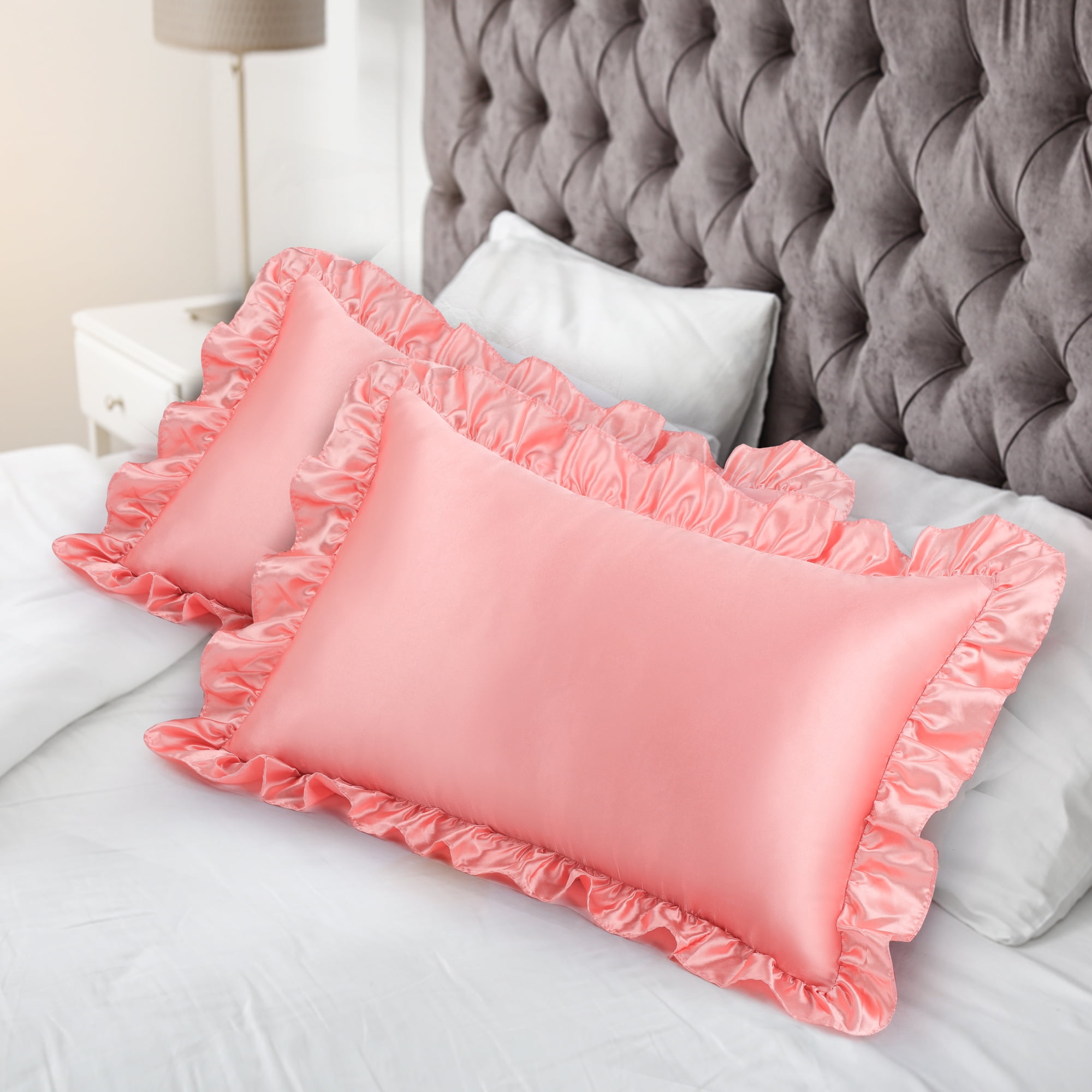 Unique Bargains Satin Ruffle Envelope Closure Pillowcases Set of 2 Light Coral 20"x30"