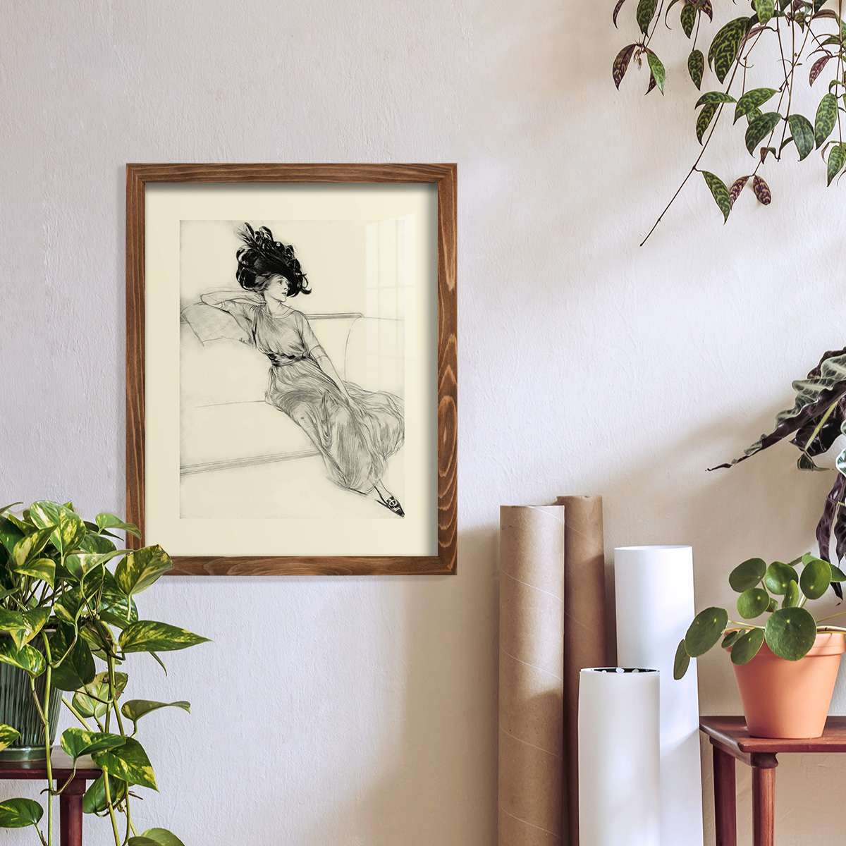 Feather Hat I -Framed Print w/glass-Walnut