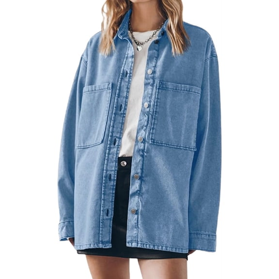 Womens Oversized Jean Jacket Casual Button Up Denim Overshirt Trendy Long Sleeve Denim Jacket Coat