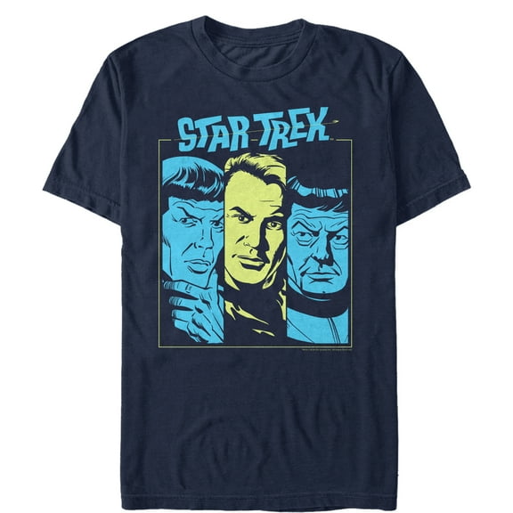 Men's Star Trek Cartoon Spock, Kirk, Bones Panels  Graphic Tee Navy Blue 3X Large