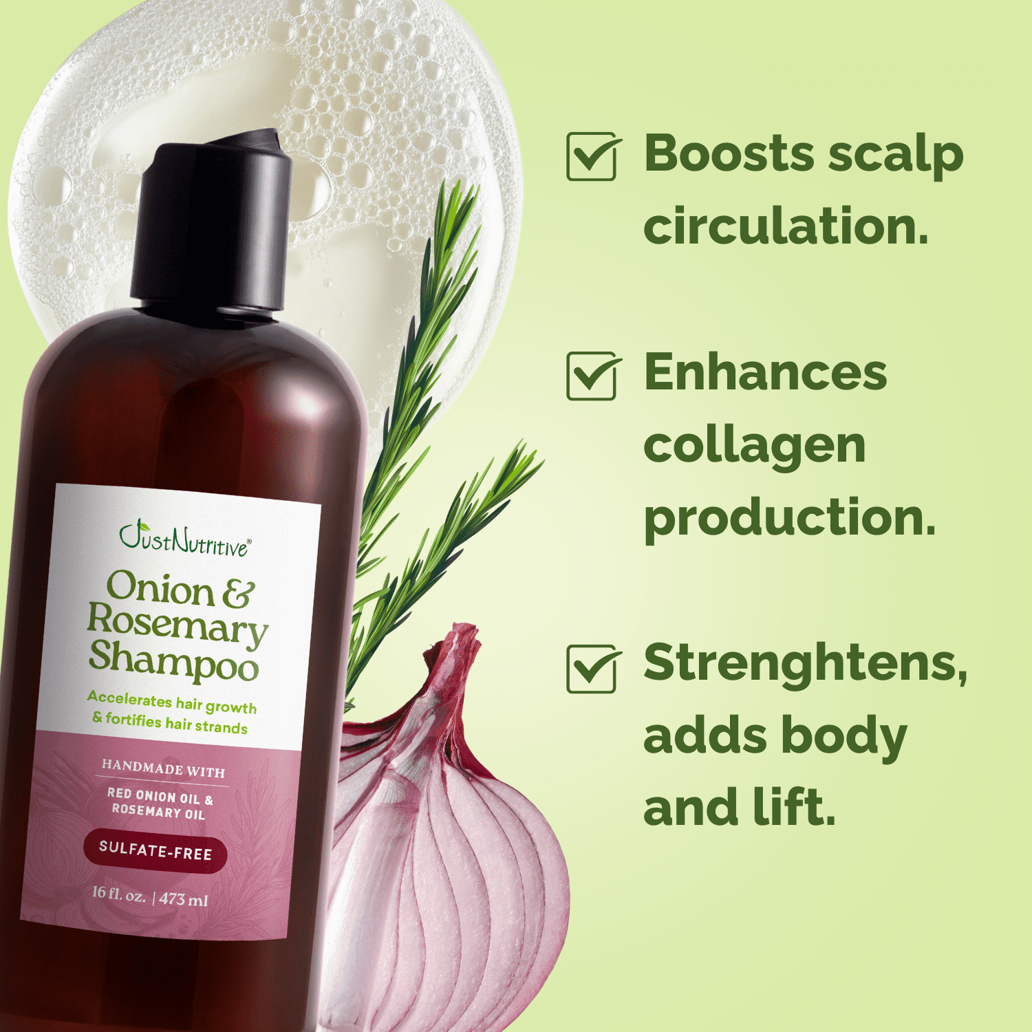 Just Nutritive Onion & Rosemary Shampoo for Hair Growth, Hair Loss, Oil Control, Thickening and Strengthening, Sulfate-Free, Enriched with Red Onion Oil, Rosemary Oil, Tea Tree - 16 oz
