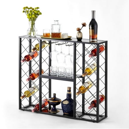 Mango Steam Wine Rack Console with Glass Table Top (34 Bottle  Black)