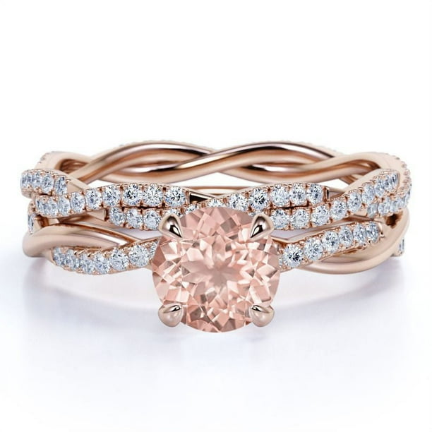 JeenMata Anillo de Bodas Nupcial de 1,75 Quilates con Morganita y Moissanita de Corte Redondo Engastado con Anillo de Compromiso y Alianza de Boda en Oro de 18 K sobre Plata