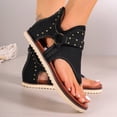 thumbnail image 5 of Women's Clip Toe Flat Sandals Breathable Denim Flip Flops Buckle Studded Open Toe Summer Low Platform Dressy Shoes Black Size 7.5, 5 of 6