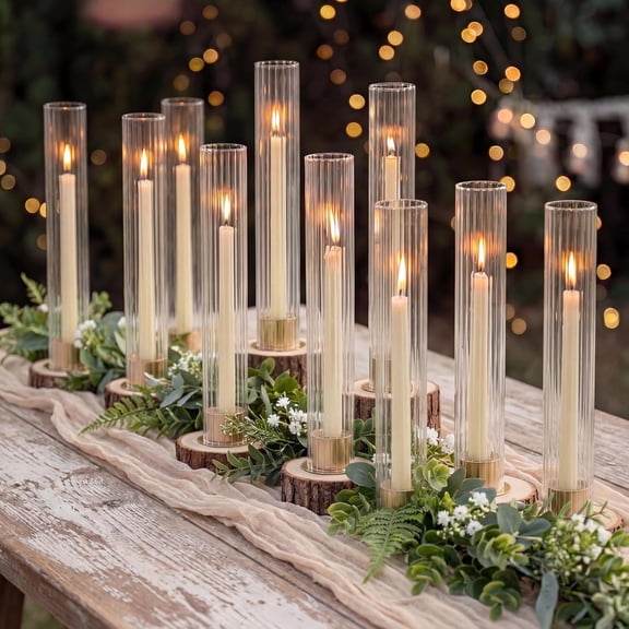 Hurricane Glass Candle Holders, Set of 10 Gold Taper Candle Holders