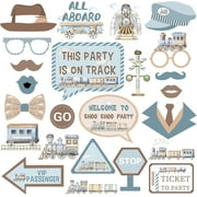 Blue Train Photo Booth Props - 24 Pieces Watercolor Railroad Steam Transportation Vehicle Themed Birthday Baby Shower Party Decoration Supplies