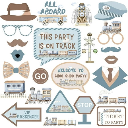 Blue Train Photo Booth Props - 24 Pieces Watercolor Railroad Steam Transportation Vehicle Themed Birthday Baby Shower Party Decoration Supplies