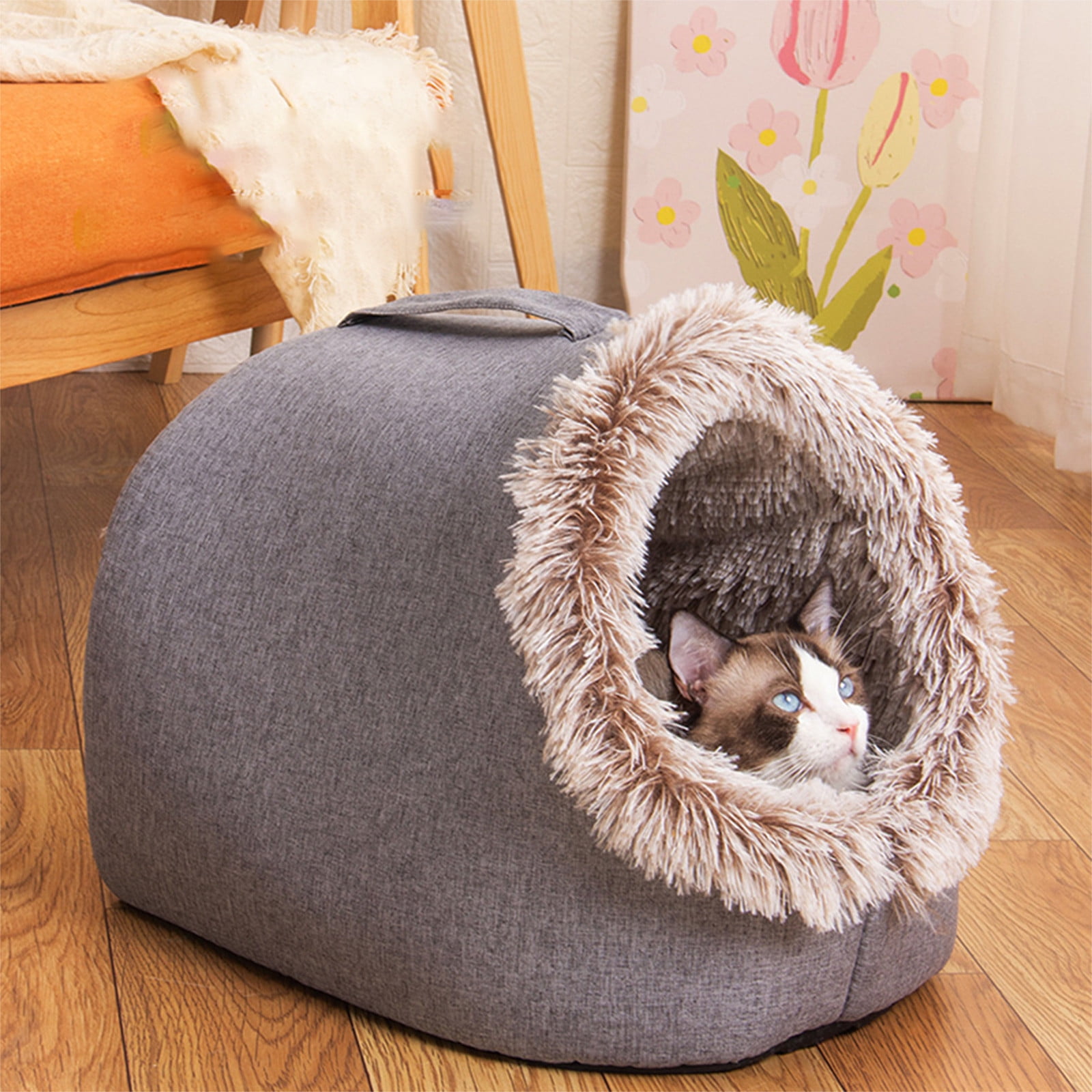 Matoen Cat Beds for Indoor Cats, Soft and Comfortable Cute Cat Bed, Cat House, with Removable Washable Cushioned Pillow, Enclosed Cat Bed, Kitty Cat Hut, Hideaway, Small Dog Tent Grey
