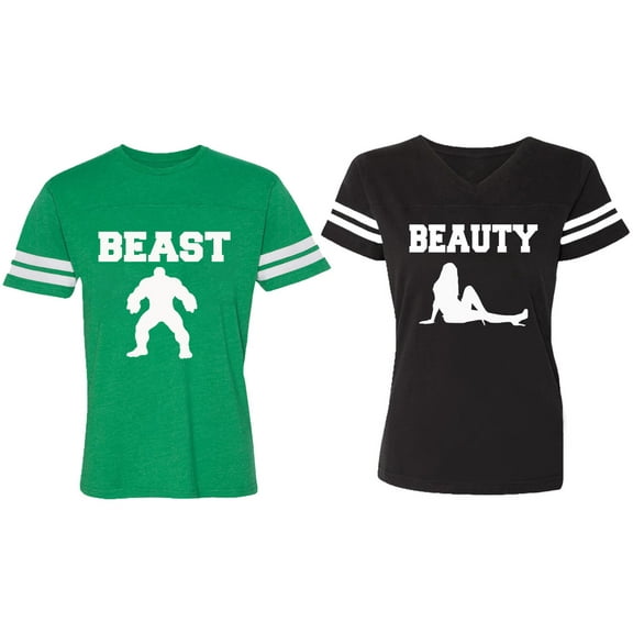 Beast Beauty Matching Couple Cotton Jerseys (Men Green / Women Black) (Men S / Women S)