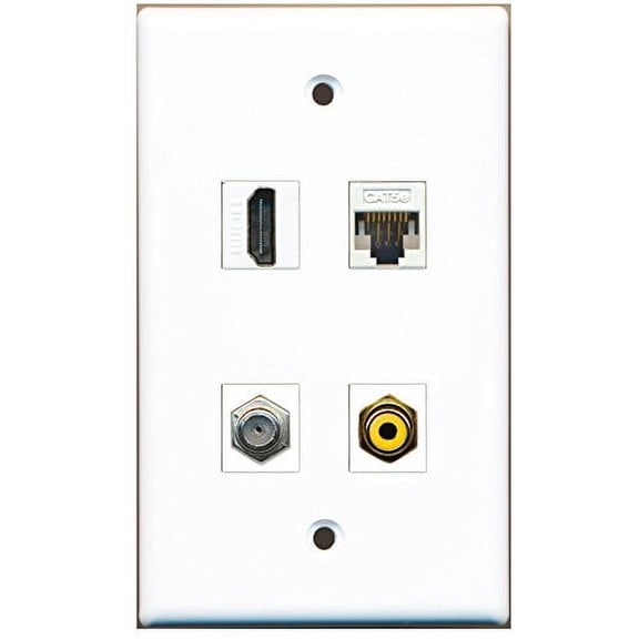 RiteAV - 1 Port HDMI 1 Port RCA Yellow 1 Port Coax Cable TV- F-Type 1 Port Cat5e Ethernet White Wall Plate