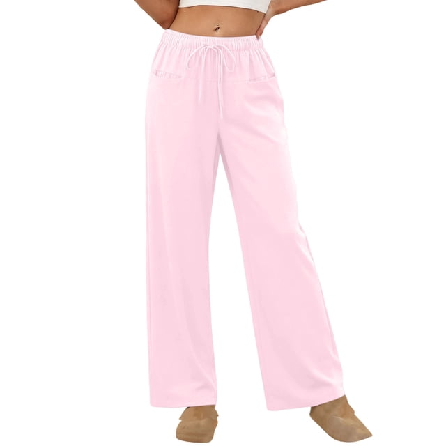 Amzcrzy Pantalones Mujer A Rayas Informales Cintura Alta Cordón Elástico Tipo Bóxer Cómodos Holgados Anchos Con Bolsillos Tallas S-2XL Rosa
