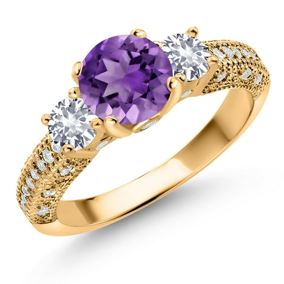 Gem Stone King 18K Yellow Gold Plated Silver Purple Amethyst White Created Sapphire and White Moissanite Engagement Ring for Women (1.78 Cttw, Gemstone February Birthstone, Round 7MM and 4MM, Size 7)