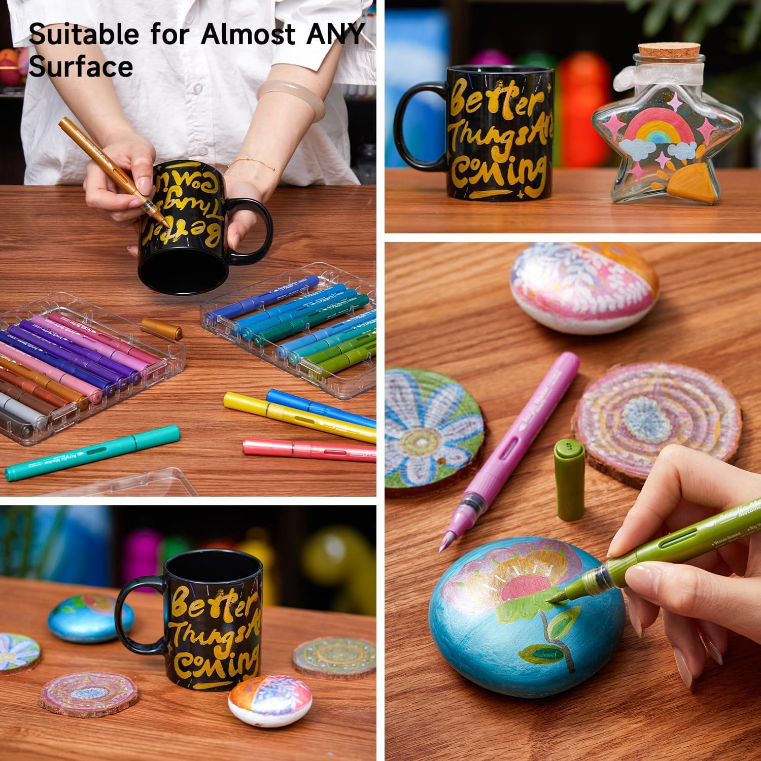 Shuttle Art Automatic Ink Control Acrylic Paint Markers, 24 Metallic Colors Brush Tip Acrylic Paint Pens for Rock Painting, Ceramic, Wood, Canvas, Glass, Stone, Fabric, Card Making