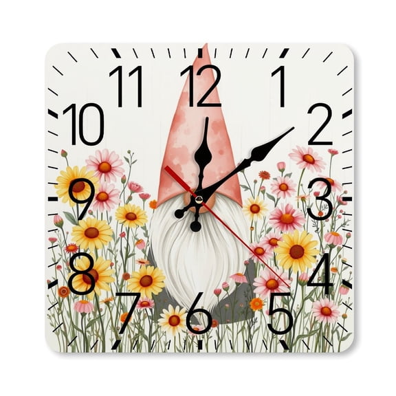 RKSupls 10×10inch Square Silent Wall Clock Wooden Frame, Garden Gnome Daisy Scale Decorative Clock for Home Bedroom Living Room Office