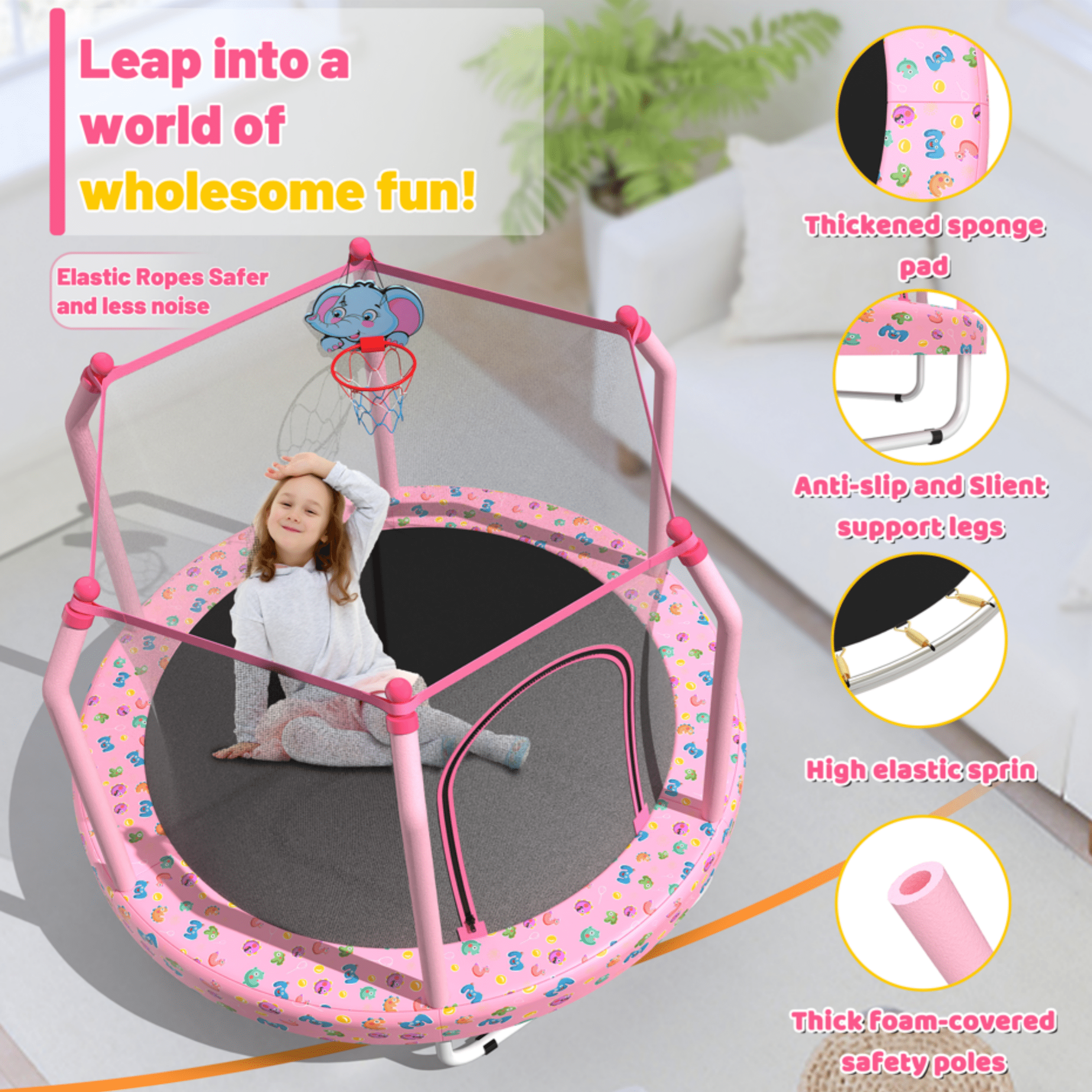 Mini Trampoline for Kids with Safety Enclosure Net, 55" Toddler Trampoline with No-Gap Safe Design, Segmart Recreational Trampolines for Birthday Gifts, Rebounder Trampoline with Ocean Balls