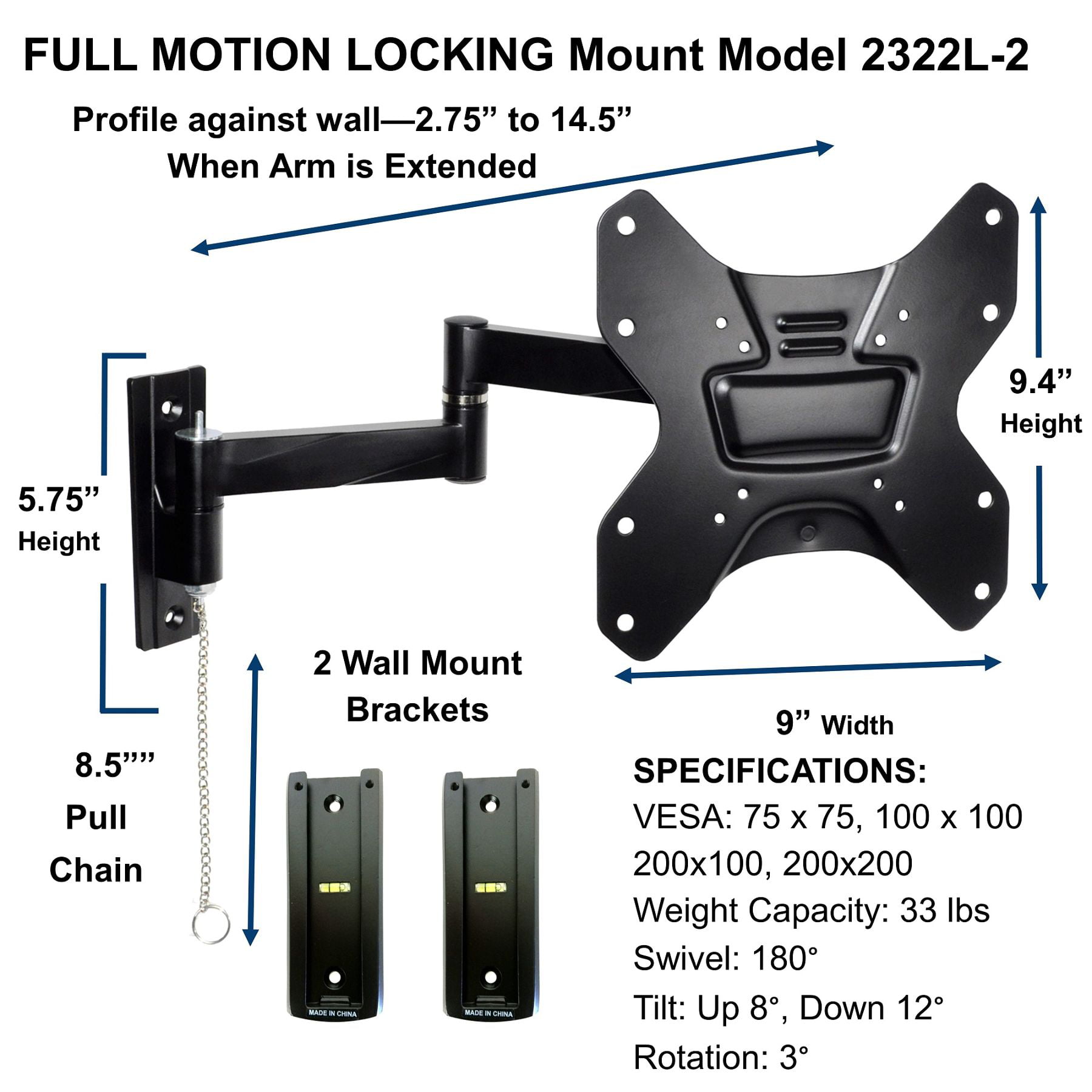 Lockable RV TV Wall Mount Full Motion Anti-Vibration Bracket Articulating Detachable Arm for Most 13-43 inch LED LCD Flat Screen Display 1343LK up to 33lbs Metallic Gray by WALI 