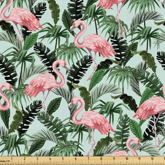 Ambesonne Tropical Fabric by the Yard Upholstery, Flamingos Leaves Exotic, 2 Yards, Pale Pink and Olive Green