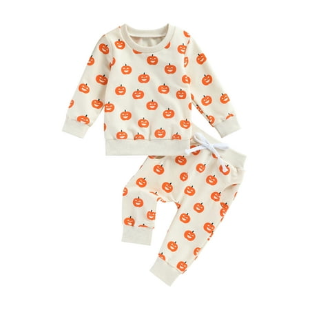 

2Pcs Toddler Baby Girls Halloween Outfits Pumpkin Print Long Sleeve Sweatshirts Tops + Trousers
