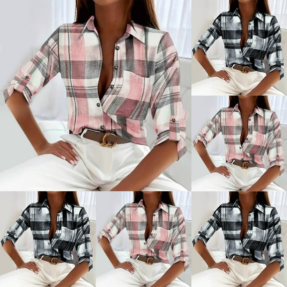Oversized Flannel Shirts for Women - Plaid Shirt for Women Long Sleeve with Pocket Button-up Casual Flannel Jackets Classic Lapel Collar, Rolled Sleeves Blouses Tops