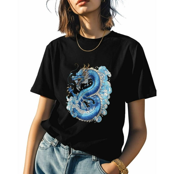 Blue Dragon Chinese Style Womens Tshirt Graphic Tees Cotton Crew Neck T-Shirts, Casual Short Sleeve Shirts for Women Teen Girl Chinoiserie