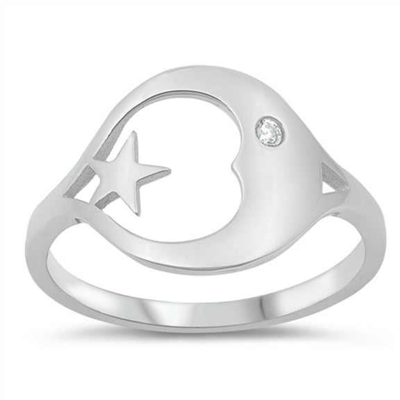 Clear CZ Moon Star Split Band Ring Sterling Silver Size 9
