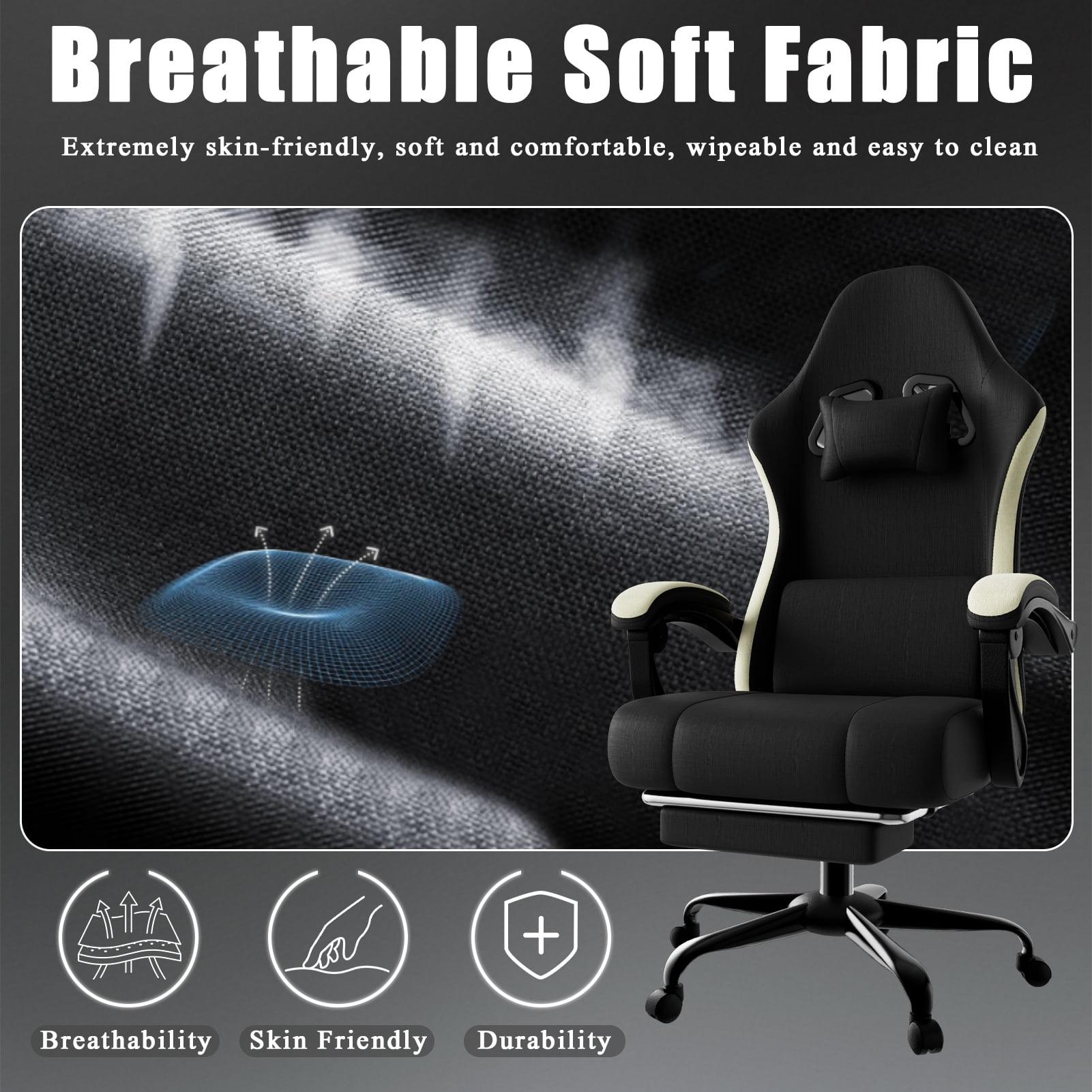 Ergonomic Gaming Chair with Pocketed Spring Cushion, Breathable Fabric Computer Chair with Footrest, Adjustable Lumbar Support Video Game Chair for Adults