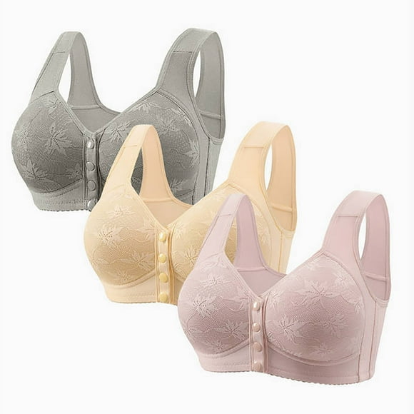 Karight 3 Pack Bras for Older Women Front Closure No Underwire Push up Bralettes Soft Floral Print Sleep Everyday Bra