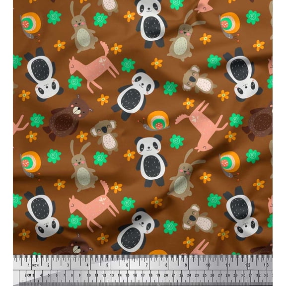 Soimoi Silk Fabric Floral & Cute Animals Cartoon Printed Fabric 1 Yard 42 Inch Wide