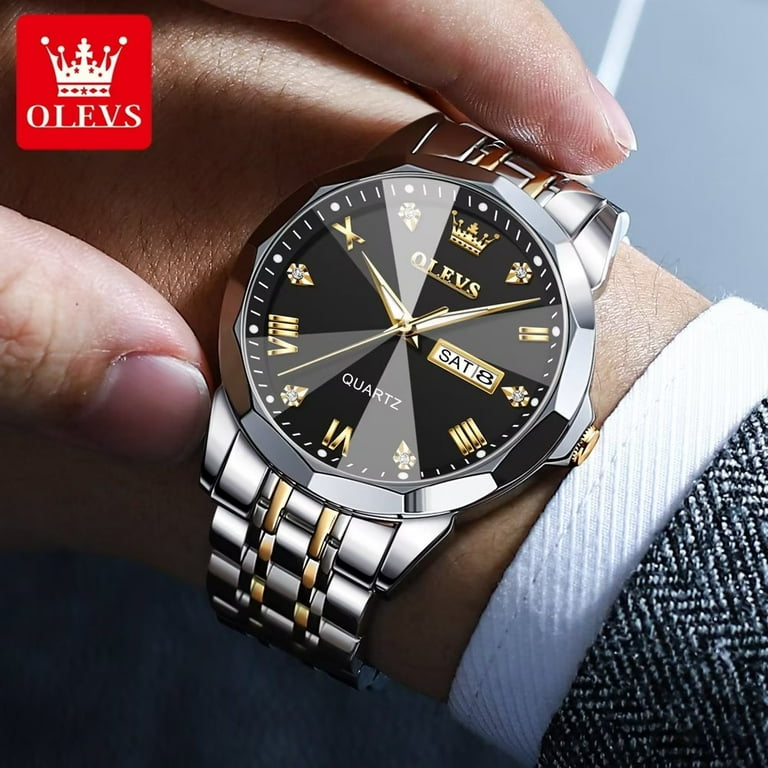 OLEVS Classic Gold Sliver Stainless Steel Watches For Men Big Black Dial Mens Watches Fashion Analog Quartz Watches Men Day Date Watches Men